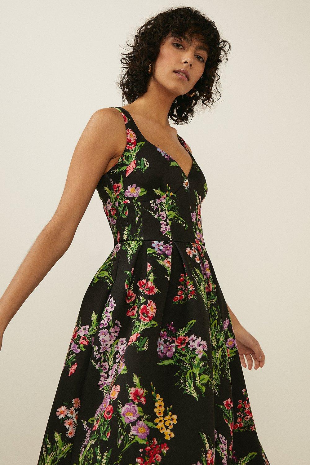 Black Floral Print Scuba Midi Dress | Oasis